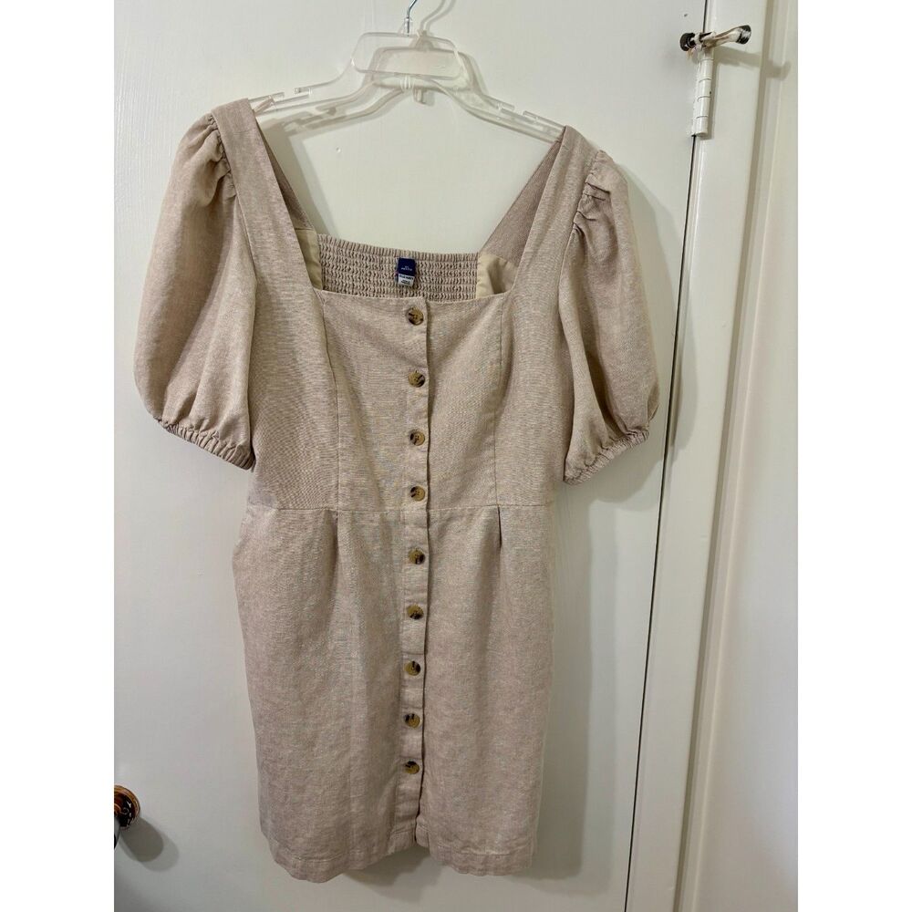 Old Navy Womens XLP Linen Button Front Puff Sleeve Square Neckline Pocket Mini